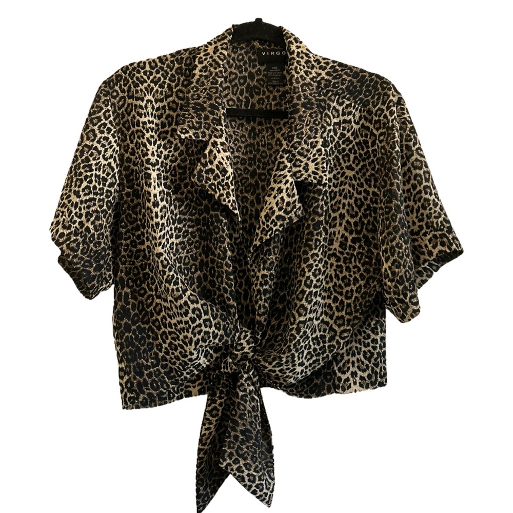 Vintage 90s Virgo Cheetah print tie up front cropped  top